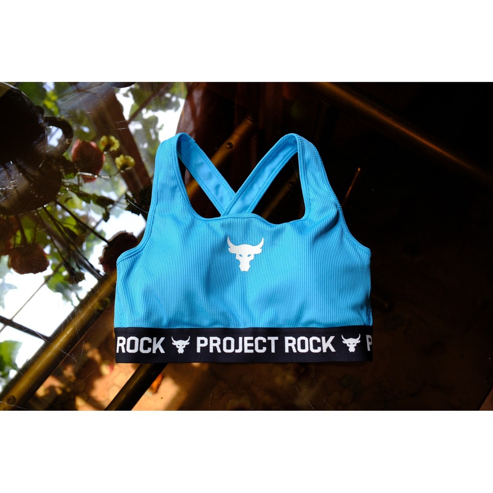 Under Armour Project Rock Ribbed Blue Sports Bra Womens Small